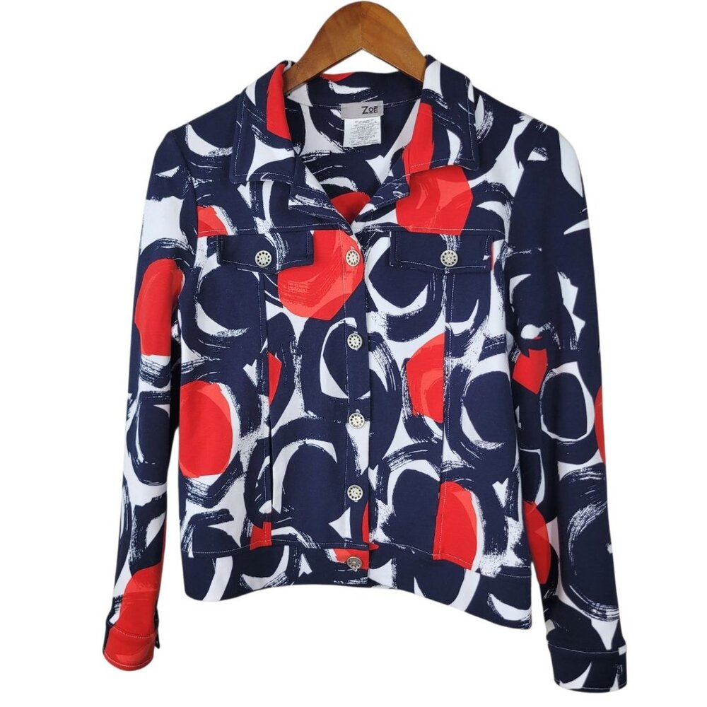 Zoe Jacket Size Small Petite Coat Denim Jean Red White Blue Geometric Button Up